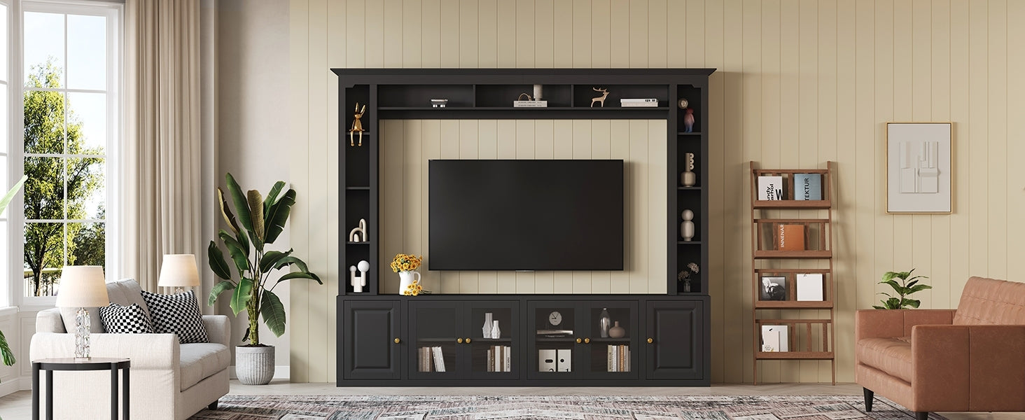4-Piece Modern Entertainment Center Wall Unit with Bookshelves, All-in-1 Large TV Stand with Tempered Glass Door for TVs Up to 80', 92inch Media Console with Adjustable Shelves for Living Room, Black