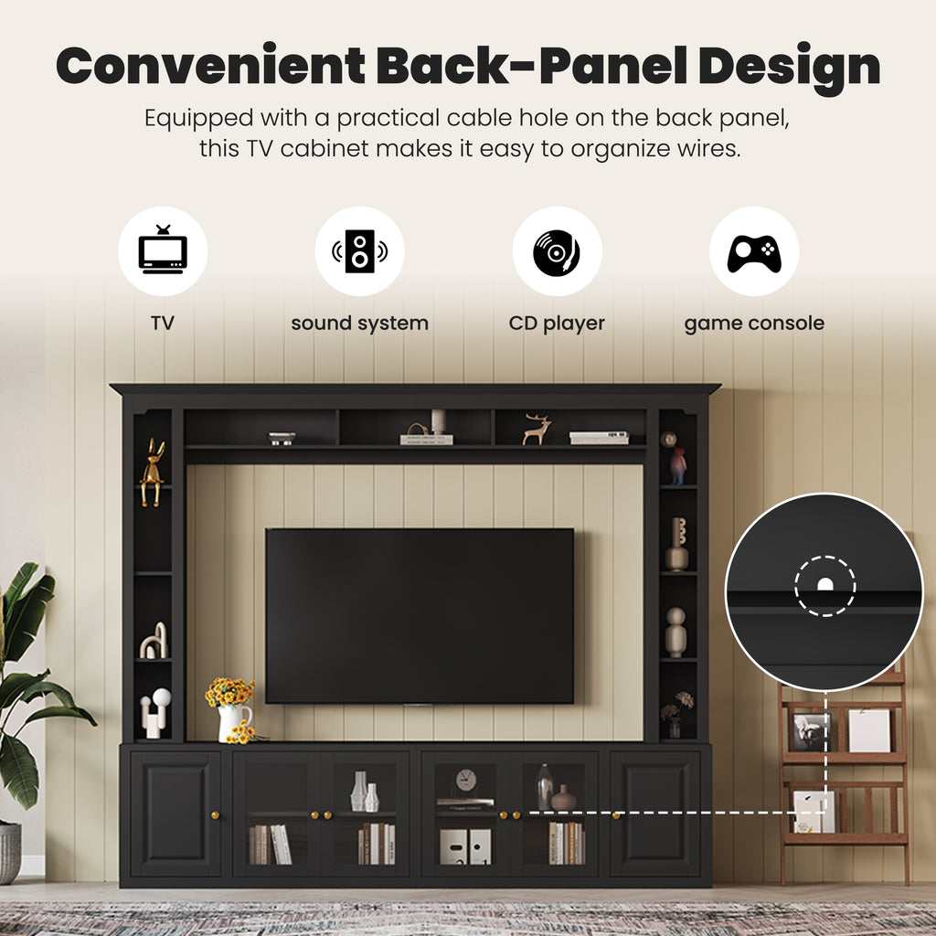 4-Piece Modern Entertainment Center Wall Unit with Bookshelves, All-in-1 Large TV Stand with Tempered Glass Door for TVs Up to 80', 92inch Media Console with Adjustable Shelves for Living Room, Black