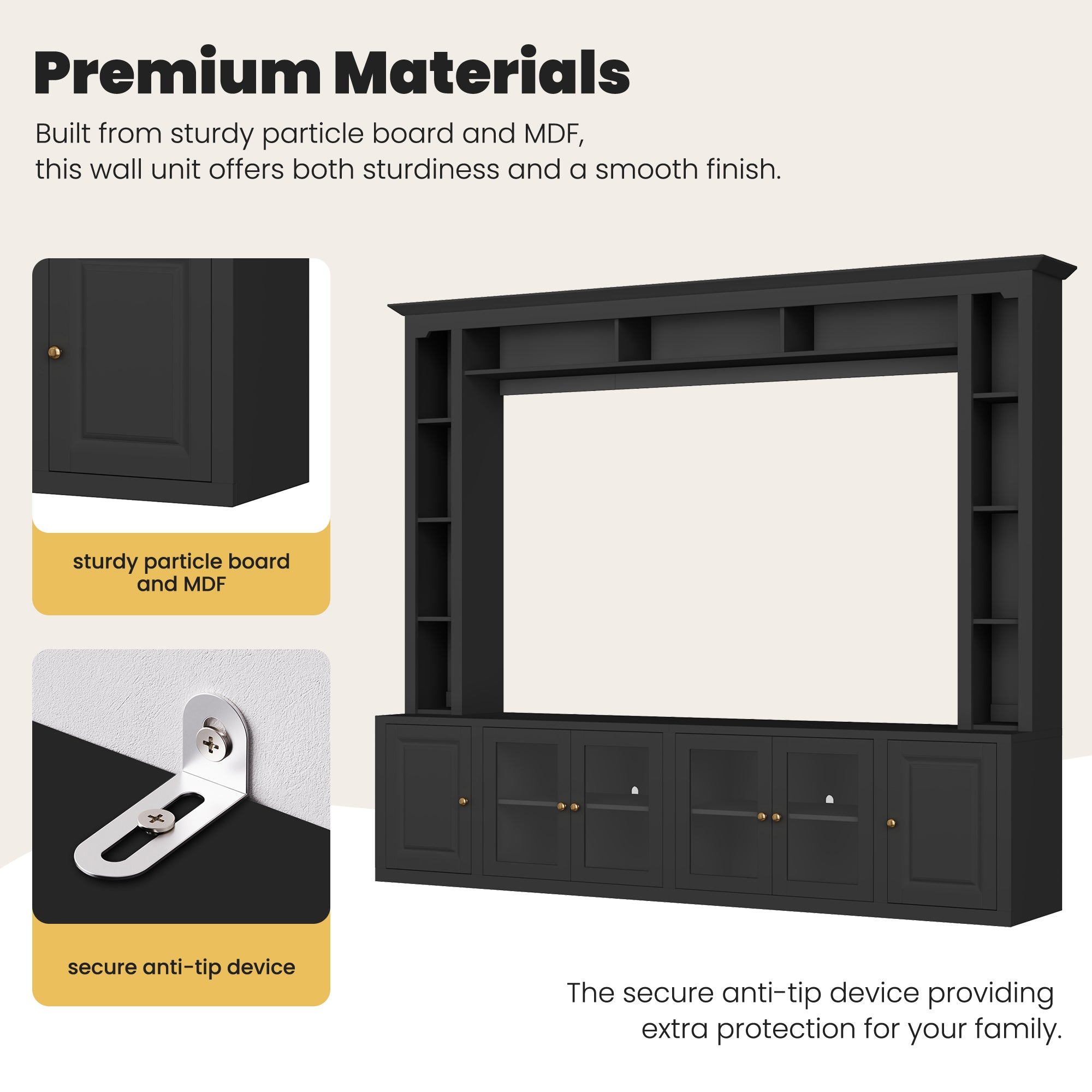 4-Piece Modern Entertainment Center Wall Unit with Bookshelves, All-in-1 Large TV Stand with Tempered Glass Door for TVs Up to 80', 92inch Media Console with Adjustable Shelves for Living Room, Black