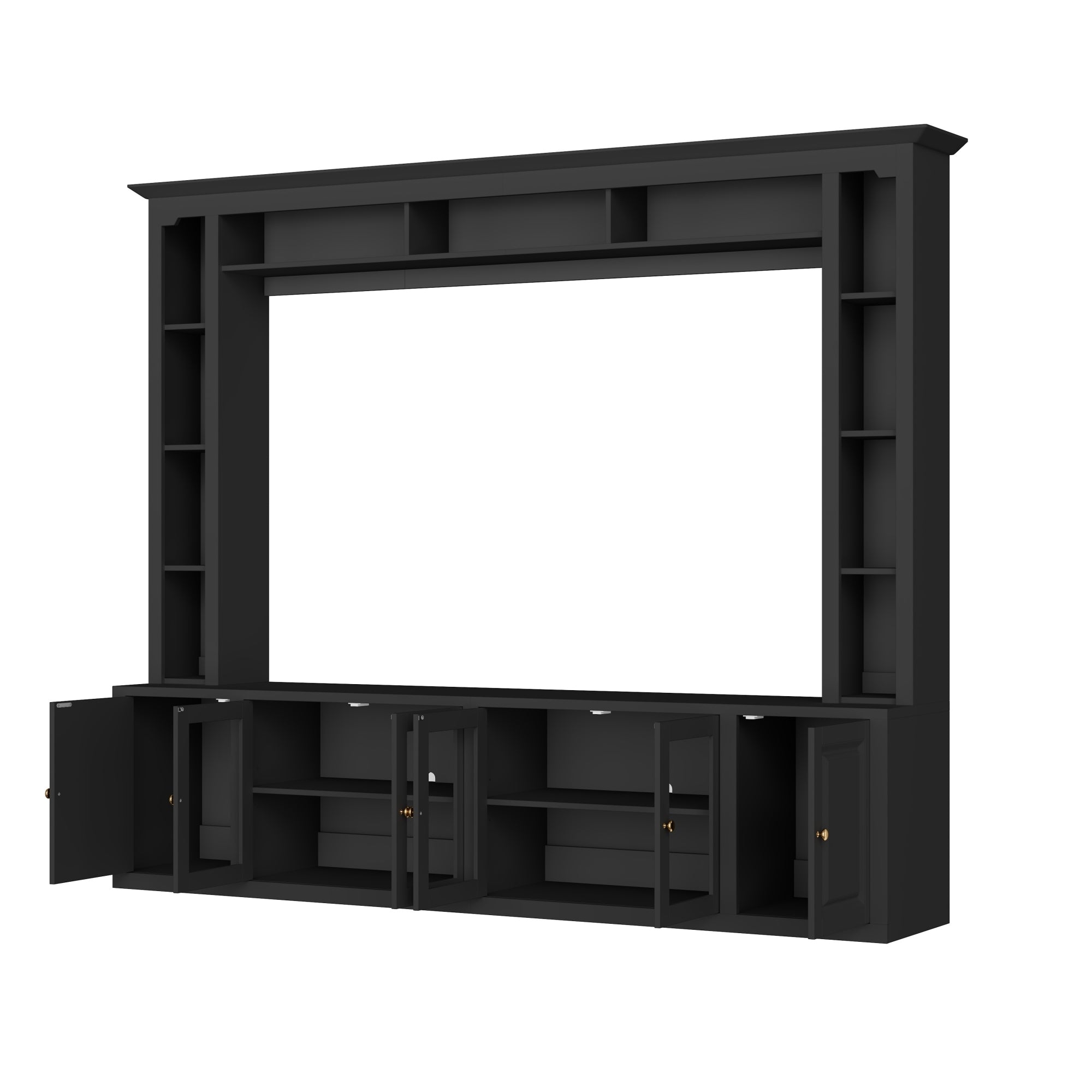 4-Piece Modern Entertainment Center Wall Unit with Bookshelves, All-in-1 Large TV Stand with Tempered Glass Door for TVs Up to 80', 92inch Media Console with Adjustable Shelves for Living Room, Black