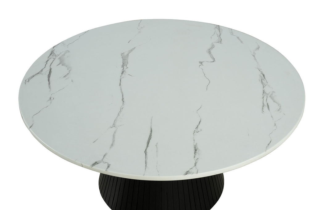 Contemporary Style Round Cocktail Table Faux Marble Top Reeded Drum Base Black Finish Primary Living Room Coffee Table