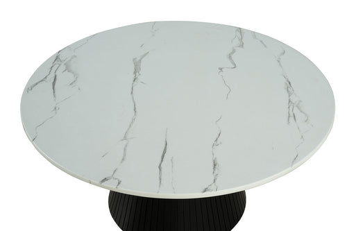 Contemporary Style Round Cocktail Table Faux Marble Top Reeded Drum Base Black Finish Primary Living Room Coffee Table