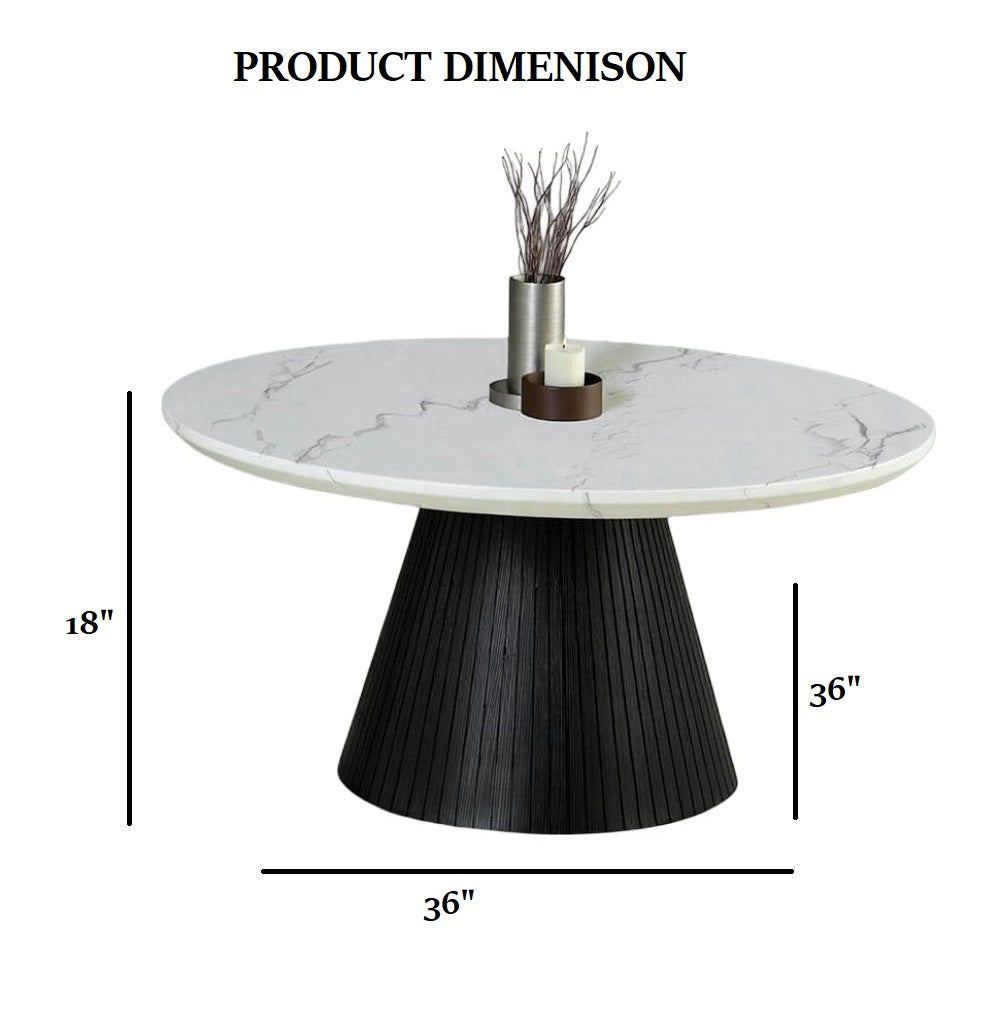 Contemporary Style Round Cocktail Table Faux Marble Top Reeded Drum Base Black Finish Primary Living Room Coffee Table