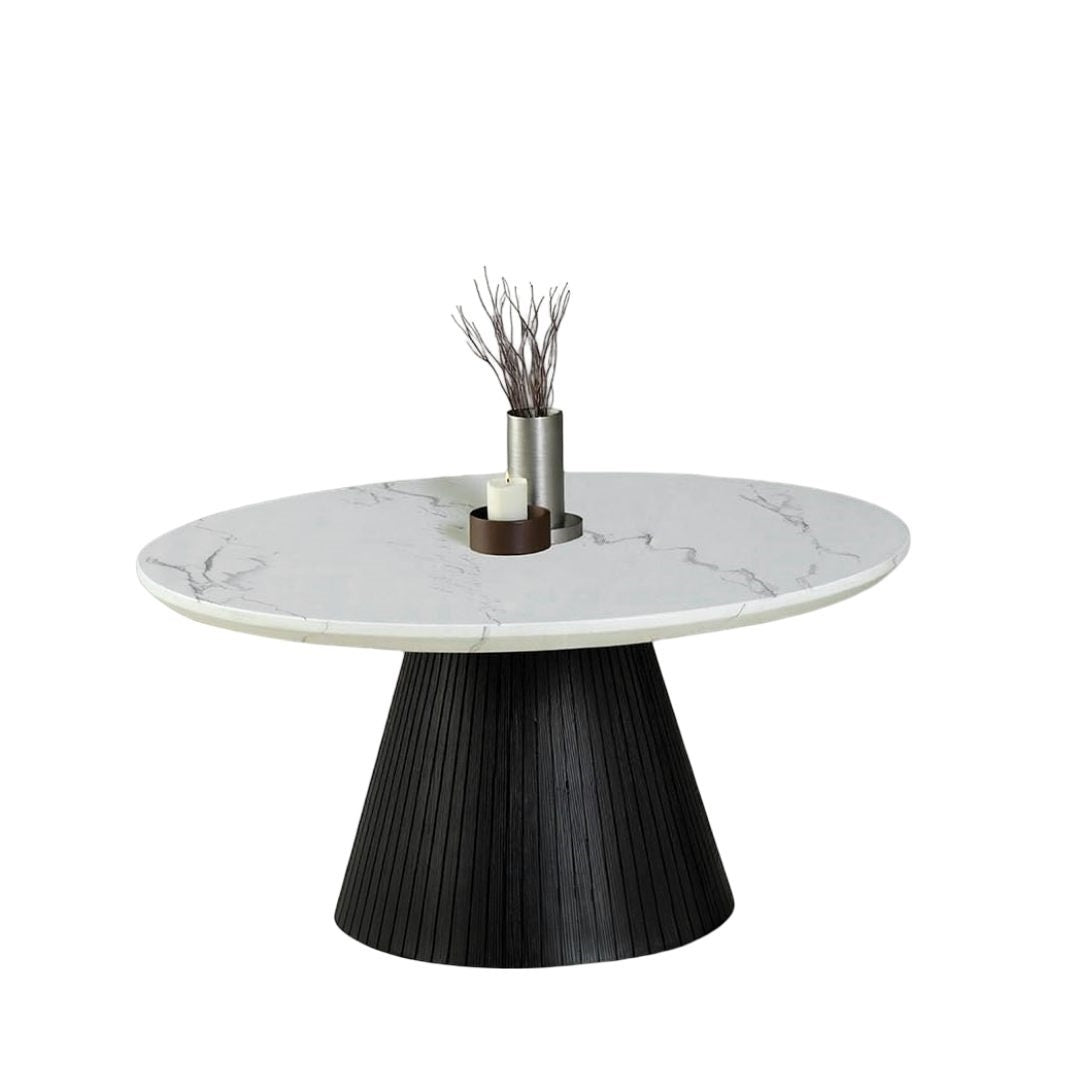 Contemporary Style Round Cocktail Table Faux Marble Top Reeded Drum Base Black Finish Primary Living Room Coffee Table
