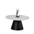Contemporary Style Round Cocktail Table Faux Marble Top Reeded Drum Base Black Finish Primary Living Room Coffee Table