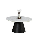 Contemporary Style Round Cocktail Table Faux Marble Top Reeded Drum Base Black Finish Primary Living Room Coffee Table