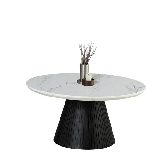 Contemporary Style Round Cocktail Table Faux Marble Top Reeded Drum Base Black Finish Primary Living Room Coffee Table
