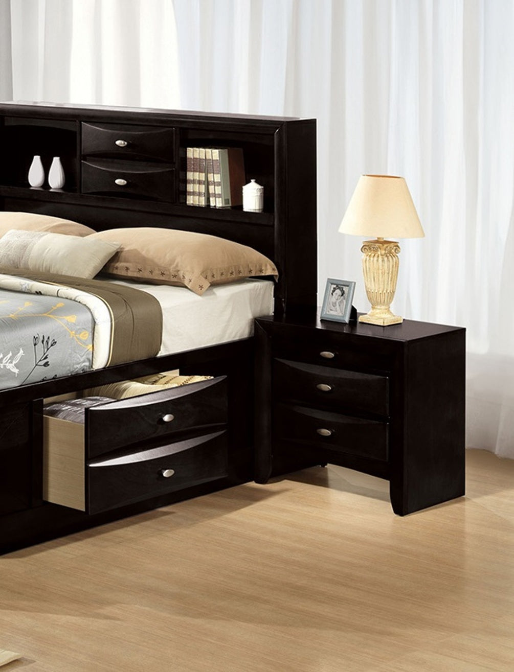 Black Color Simple Contemporary 1pc Nightstand Solid wood Bedside Table Knob Pulls 2-Drawers Bedside Table