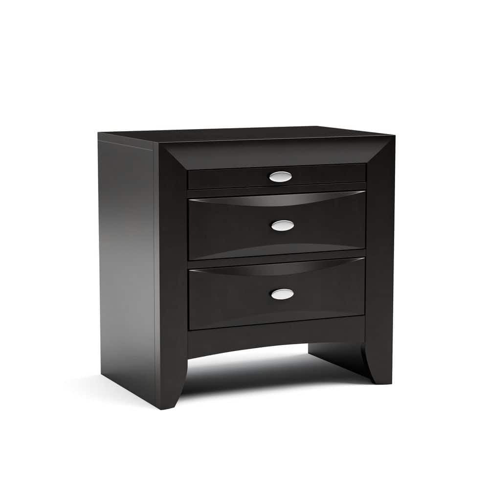 Black Color Simple Contemporary 1pc Nightstand Solid wood Bedside Table Knob Pulls 2-Drawers Bedside Table
