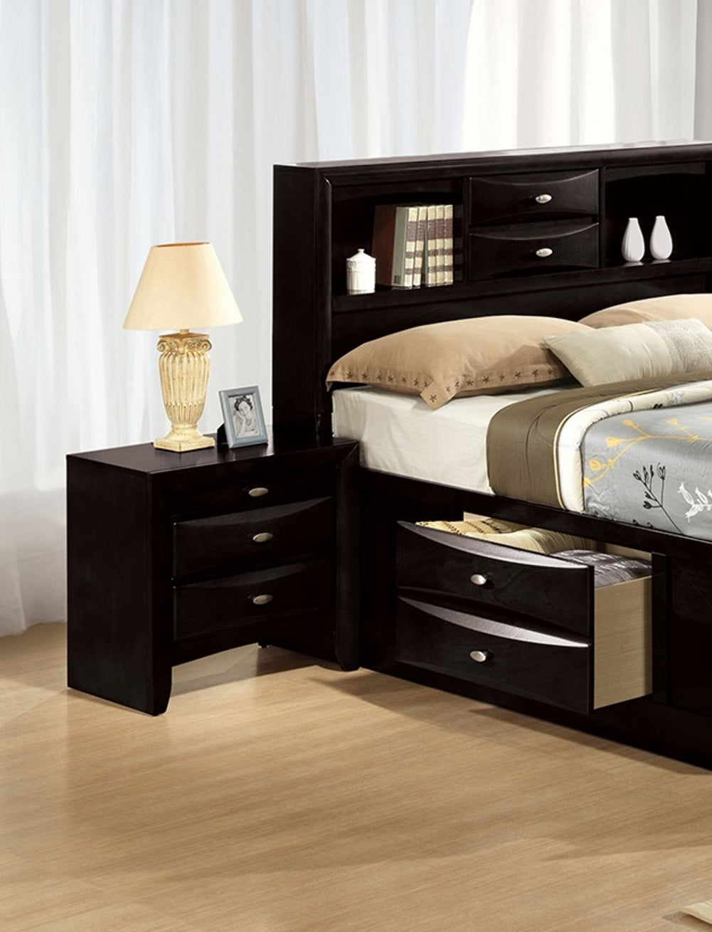 Black Color Simple Contemporary 1pc Nightstand Solid wood Bedside Table Knob Pulls 2-Drawers Bedside Table