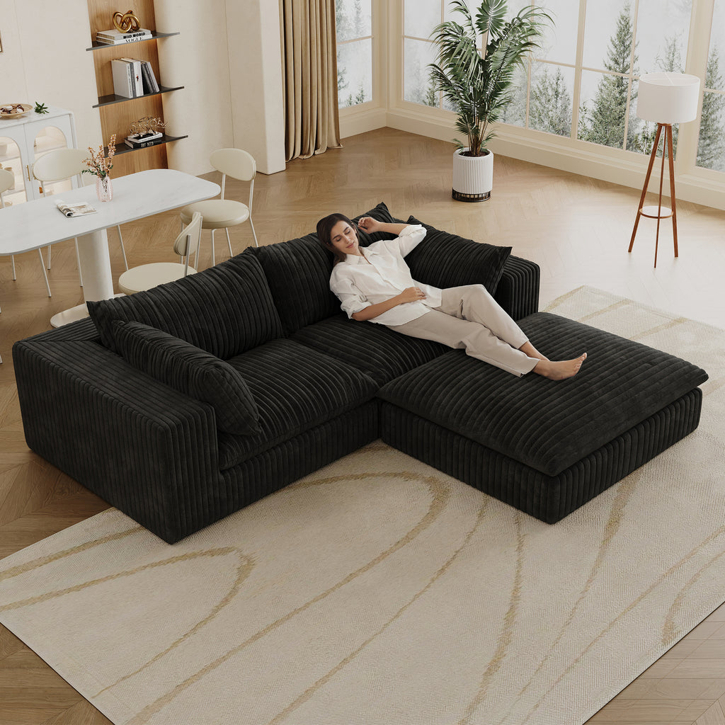 39.8' Cloud Sofa,Corduroy Fabric,Deep Seat Couches,Double-layer design,Removable Cushion,No Assembly, DIY Combination for Living room, Bedroom,Conference room ,Apartment,Black Sofa
