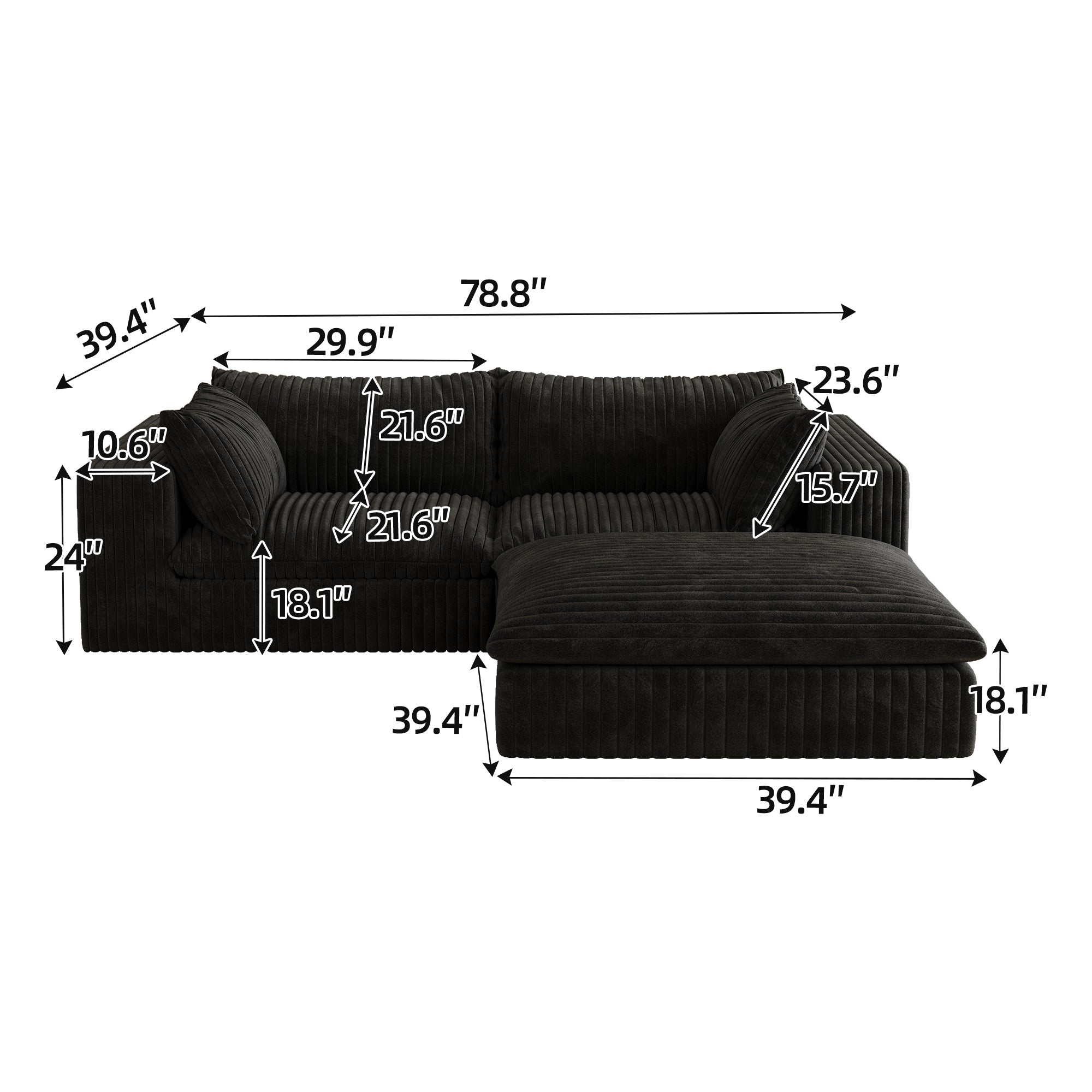 39.8' Cloud Sofa,Corduroy Fabric,Deep Seat Couches,Double-layer design,Removable Cushion,No Assembly, DIY Combination for Living room, Bedroom,Conference room ,Apartment,Black Sofa