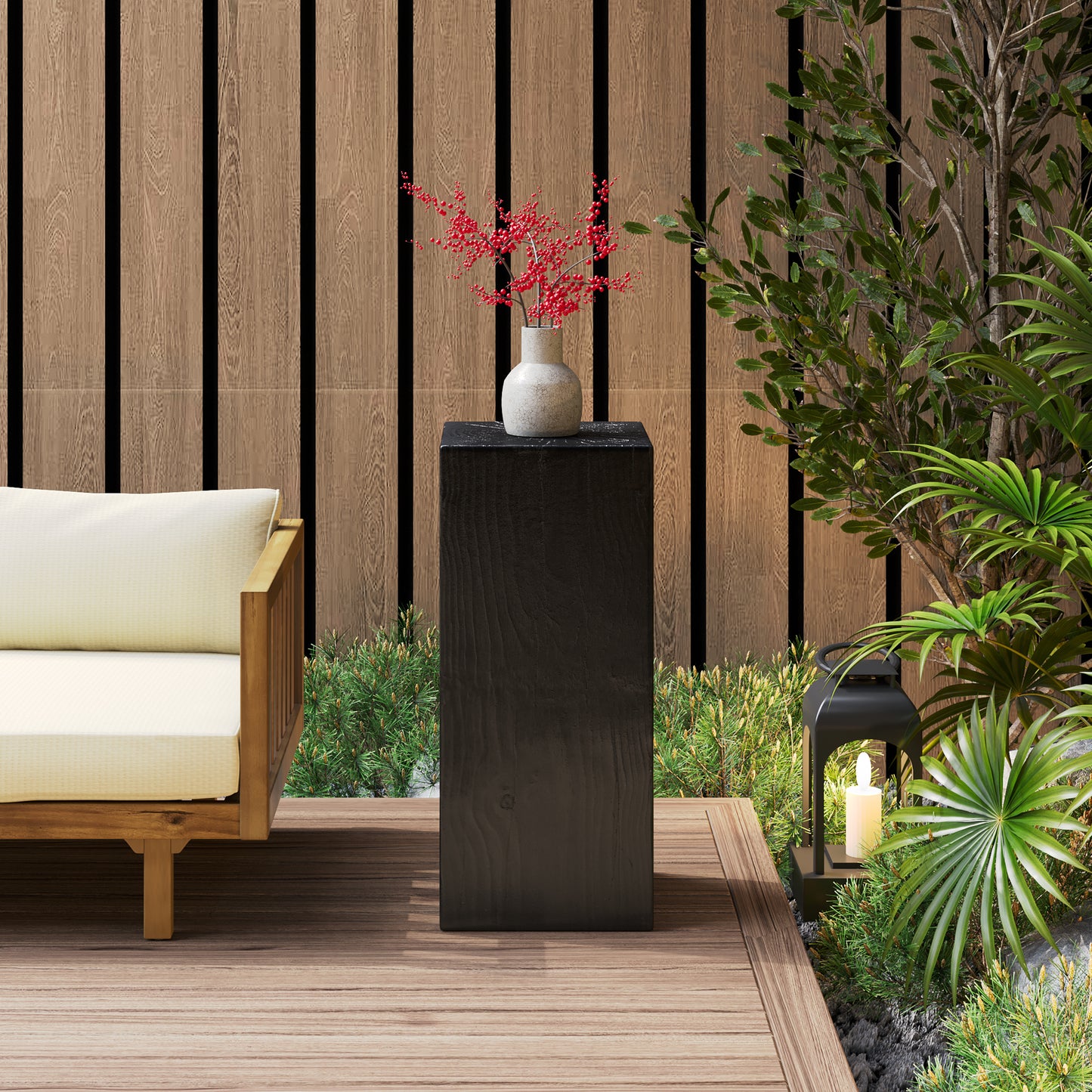 Wood-Look Square-Column MGO End Table, H33.75',Wood-Like Distressed Finish, Mix with Different Heights, Indoor Outdoor Use,Black Color