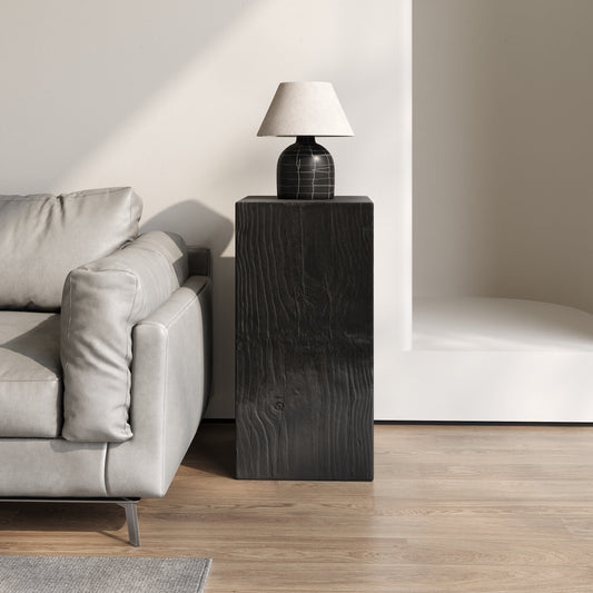 Wood-Look Square-Column MGO End Table, H33.75',Wood-Like Distressed Finish, Mix with Different Heights, Indoor Outdoor Use,Black Color