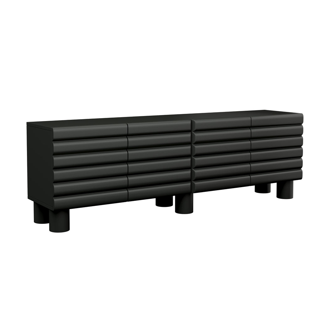 Stylish Thick Wavy Door TV Cabinet with Adjustable Shelves, Cream Style TV Stand with 4 Cabinets for TVs Up to 75', Solid Media Console with Cylindrical Legs and Cable Holes for Living Room, Black