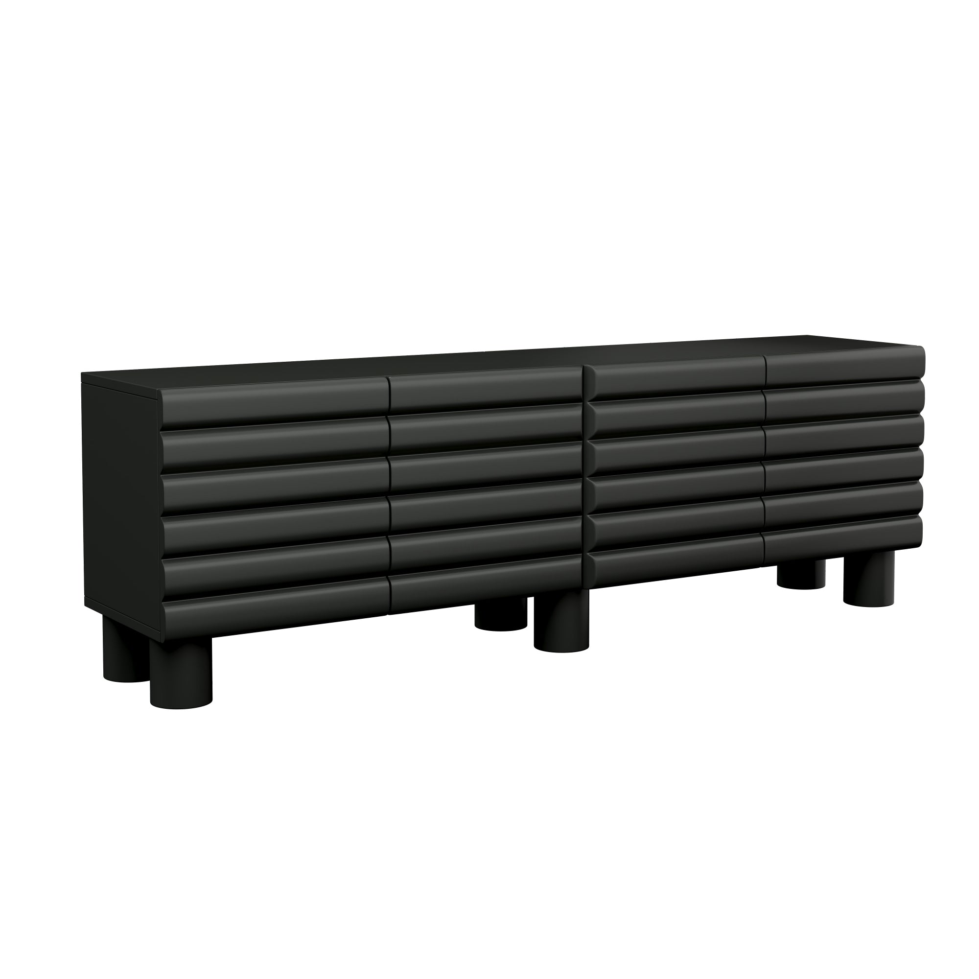 Stylish Thick Wavy Door TV Cabinet with Adjustable Shelves, Cream Style TV Stand with 4 Cabinets for TVs Up to 75', Solid Media Console with Cylindrical Legs and Cable Holes for Living Room, Black