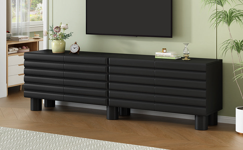Stylish Thick Wavy Door TV Cabinet with Adjustable Shelves, Cream Style TV Stand with 4 Cabinets for TVs Up to 75', Solid Media Console with Cylindrical Legs and Cable Holes for Living Room, Black