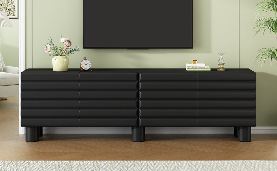 Stylish Thick Wavy Door TV Cabinet with Adjustable Shelves, Cream Style TV Stand with 4 Cabinets for TVs Up to 75', Solid Media Console with Cylindrical Legs and Cable Holes for Living Room, Black
