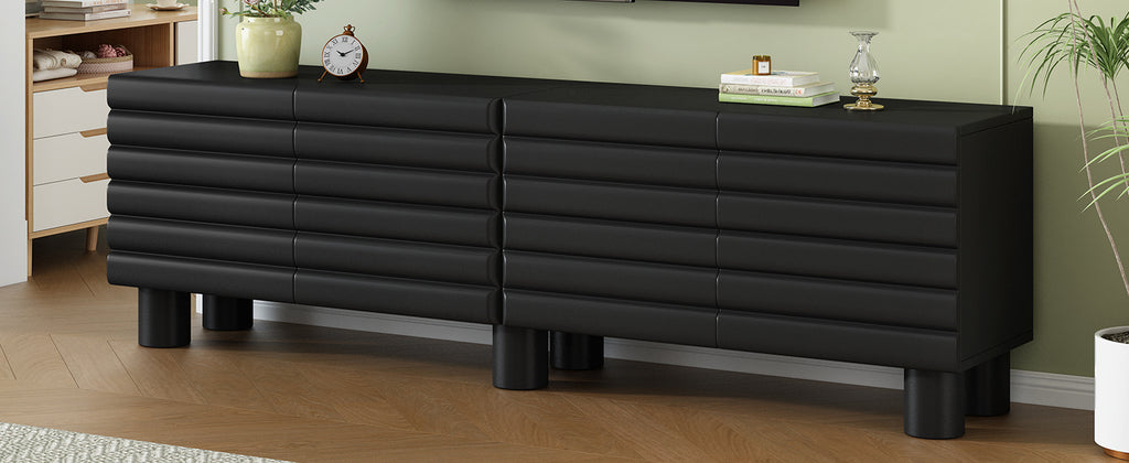 Stylish Thick Wavy Door TV Cabinet with Adjustable Shelves, Cream Style TV Stand with 4 Cabinets for TVs Up to 75', Solid Media Console with Cylindrical Legs and Cable Holes for Living Room, Black