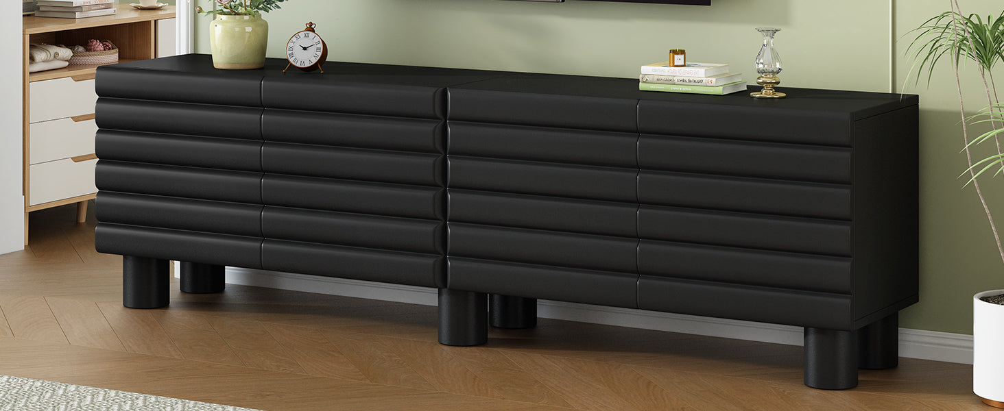 Stylish Thick Wavy Door TV Cabinet with Adjustable Shelves, Cream Style TV Stand with 4 Cabinets for TVs Up to 75', Solid Media Console with Cylindrical Legs and Cable Holes for Living Room, Black