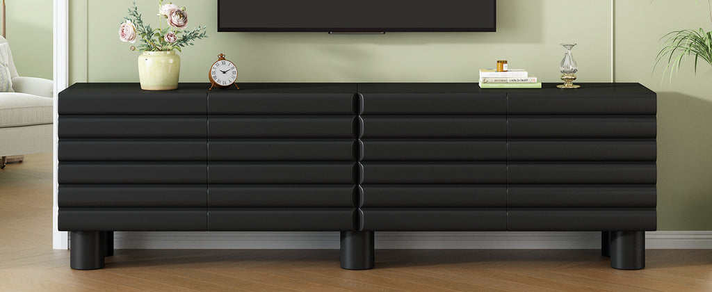 Stylish Thick Wavy Door TV Cabinet with Adjustable Shelves, Cream Style TV Stand with 4 Cabinets for TVs Up to 75', Solid Media Console with Cylindrical Legs and Cable Holes for Living Room, Black