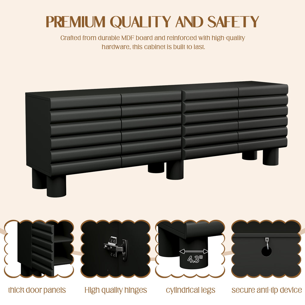 Stylish Thick Wavy Door TV Cabinet with Adjustable Shelves, Cream Style TV Stand with 4 Cabinets for TVs Up to 75', Solid Media Console with Cylindrical Legs and Cable Holes for Living Room, Black