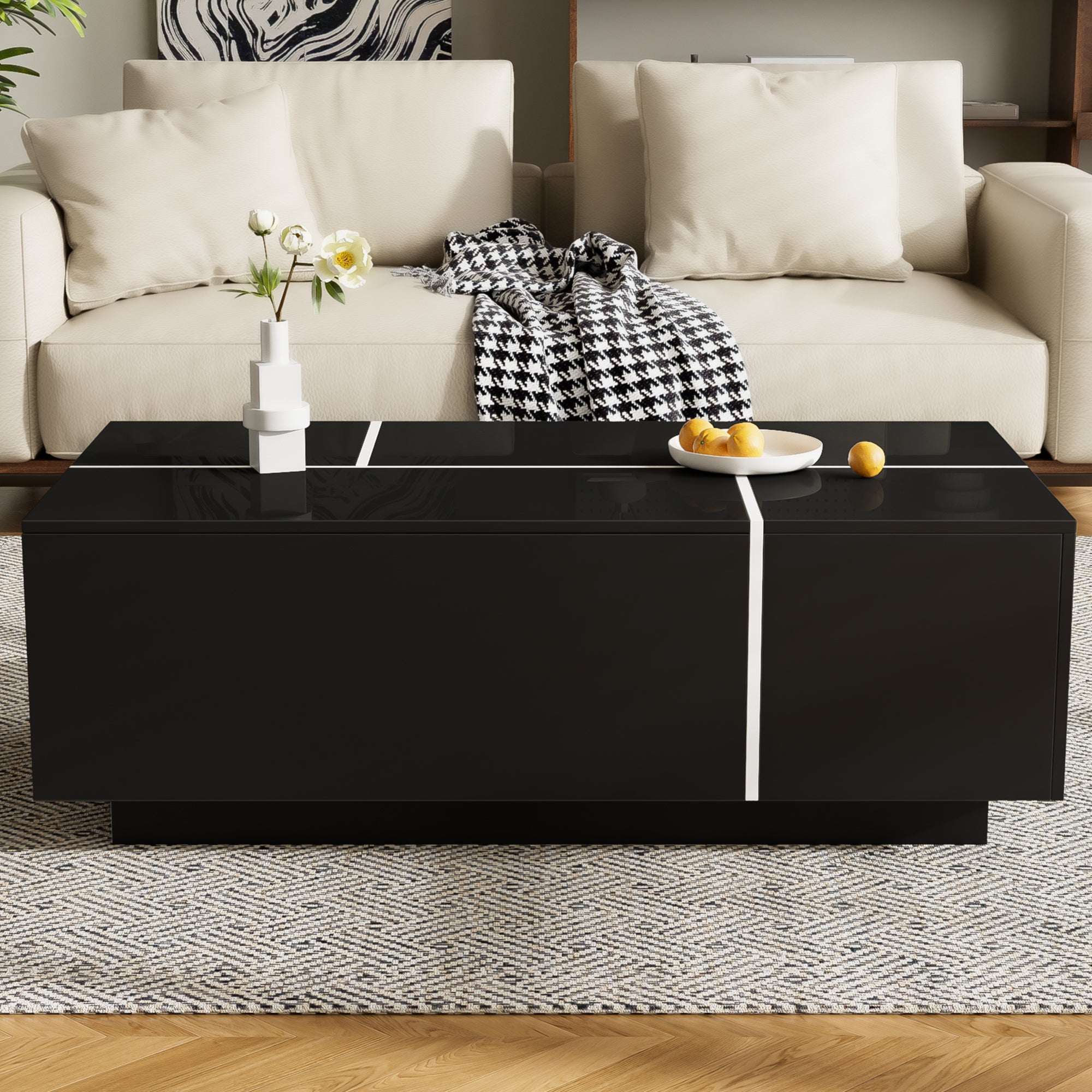 U-Can 47.2''-72.7'' Extendable Coffee Table, Multi-Functional Coffee Table with High-Gloss Finish, Coffee Table with 2 Hidden Storage Space and 2 Drawers for Living Room