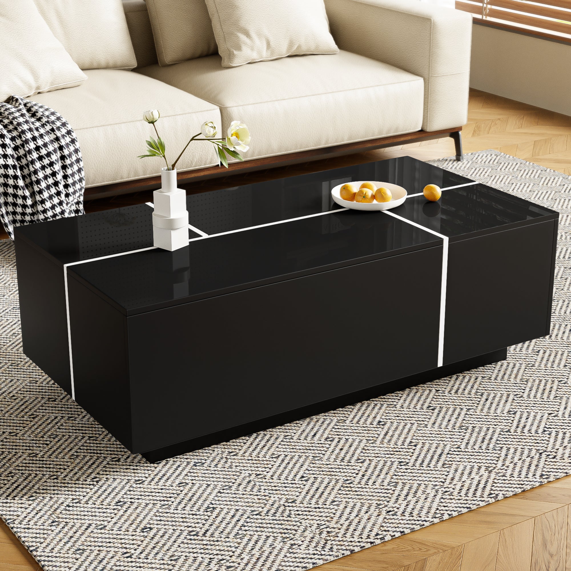 U-Can 47.2''-72.7'' Extendable Coffee Table, Multi-Functional Coffee Table with High-Gloss Finish, Coffee Table with 2 Hidden Storage Space and 2 Drawers for Living Room