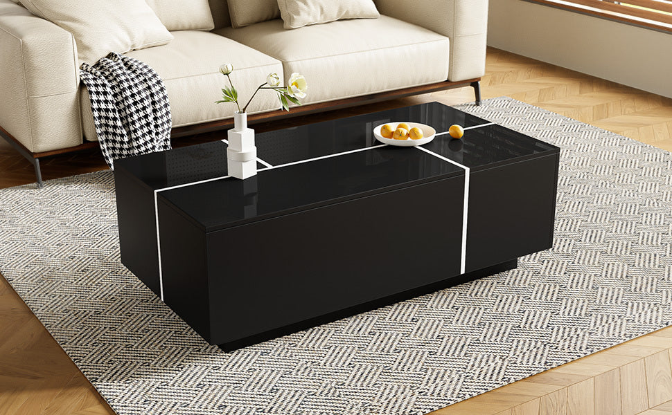 U-Can 47.2''-72.7'' Extendable Coffee Table, Multi-Functional Coffee Table with High-Gloss Finish, Coffee Table with 2 Hidden Storage Space and 2 Drawers for Living Room