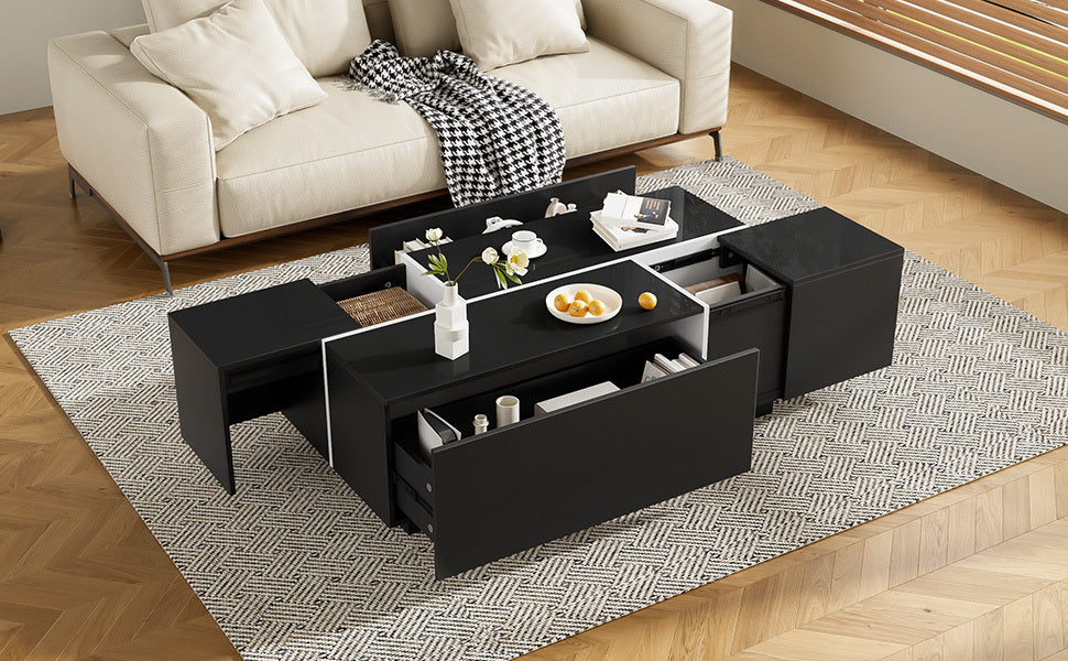 U-Can 47.2''-72.7'' Extendable Coffee Table, Multi-Functional Coffee Table with High-Gloss Finish, Coffee Table with 2 Hidden Storage Space and 2 Drawers for Living Room