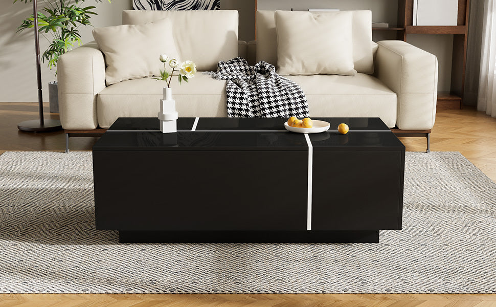 U-Can 47.2''-72.7'' Extendable Coffee Table, Multi-Functional Coffee Table with High-Gloss Finish, Coffee Table with 2 Hidden Storage Space and 2 Drawers for Living Room