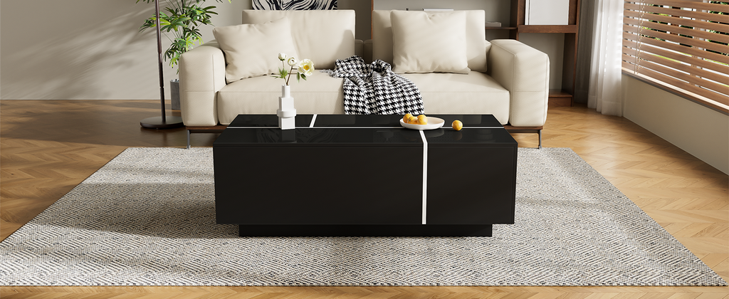 U-Can 47.2''-72.7'' Extendable Coffee Table, Multi-Functional Coffee Table with High-Gloss Finish, Coffee Table with 2 Hidden Storage Space and 2 Drawers for Living Room