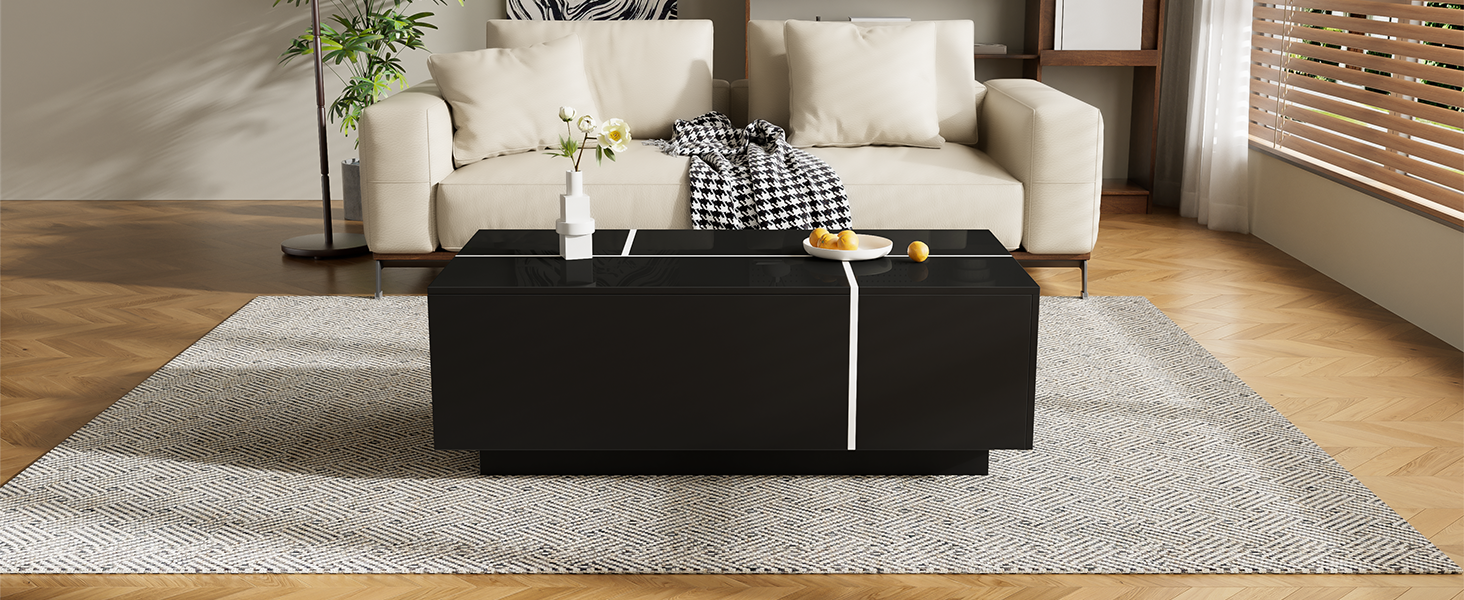U-Can 47.2''-72.7'' Extendable Coffee Table, Multi-Functional Coffee Table with High-Gloss Finish, Coffee Table with 2 Hidden Storage Space and 2 Drawers for Living Room