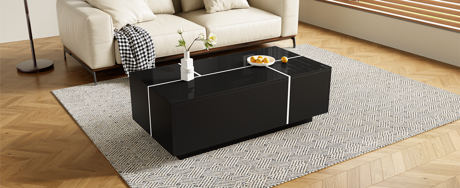 U-Can 47.2''-72.7'' Extendable Coffee Table, Multi-Functional Coffee Table with High-Gloss Finish, Coffee Table with 2 Hidden Storage Space and 2 Drawers for Living Room
