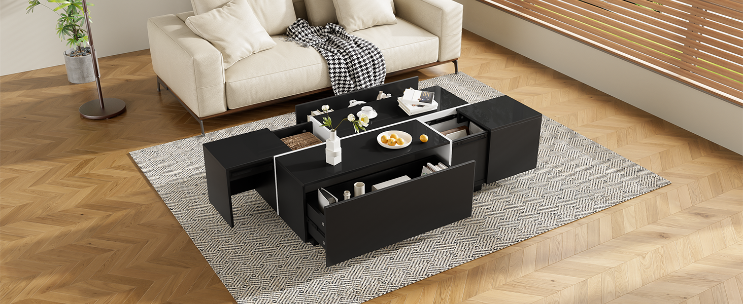 U-Can 47.2''-72.7'' Extendable Coffee Table, Multi-Functional Coffee Table with High-Gloss Finish, Coffee Table with 2 Hidden Storage Space and 2 Drawers for Living Room