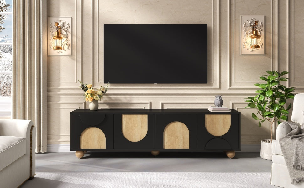 Farmhouse TV Stand with Cable Holes for TVs up to 75', Cream Style Media Console with Rebound Device, Elegant Entertainment Center with 5 Solid Wood Legs for Living Room, Bedroom, Black, 69.6'W