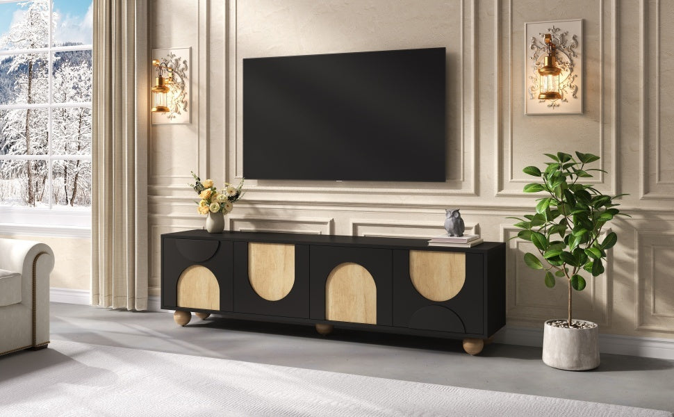 Farmhouse TV Stand with Cable Holes for TVs up to 75', Cream Style Media Console with Rebound Device, Elegant Entertainment Center with 5 Solid Wood Legs for Living Room, Bedroom, Black, 69.6'W