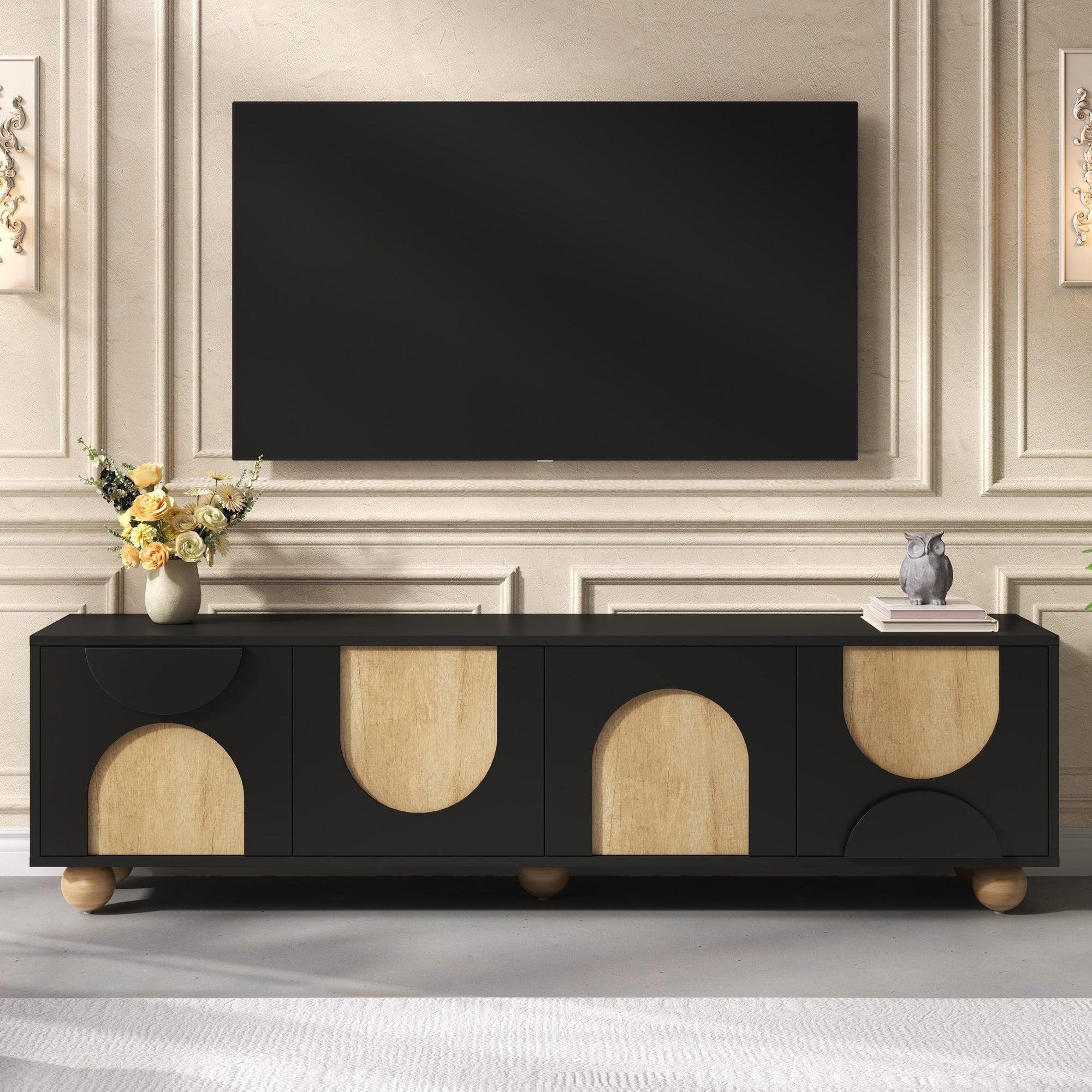 Farmhouse TV Stand with Cable Holes for TVs up to 75', Cream Style Media Console with Rebound Device, Elegant Entertainment Center with 5 Solid Wood Legs for Living Room, Bedroom, Black, 69.6'W