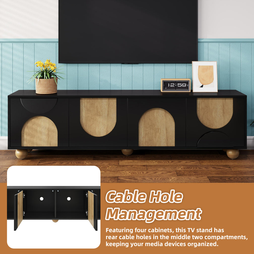 Farmhouse TV Stand with Cable Holes for TVs up to 75', Cream Style Media Console with Rebound Device, Elegant Entertainment Center with 5 Solid Wood Legs for Living Room, Bedroom, Black, 69.6'W