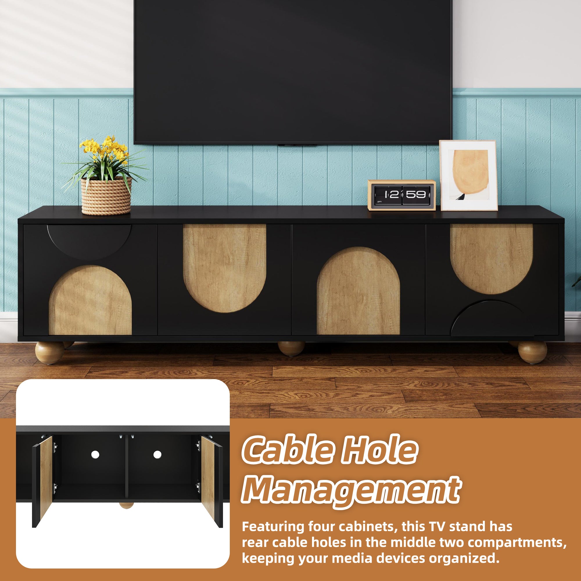 Farmhouse TV Stand with Cable Holes for TVs up to 75', Cream Style Media Console with Rebound Device, Elegant Entertainment Center with 5 Solid Wood Legs for Living Room, Bedroom, Black, 69.6'W