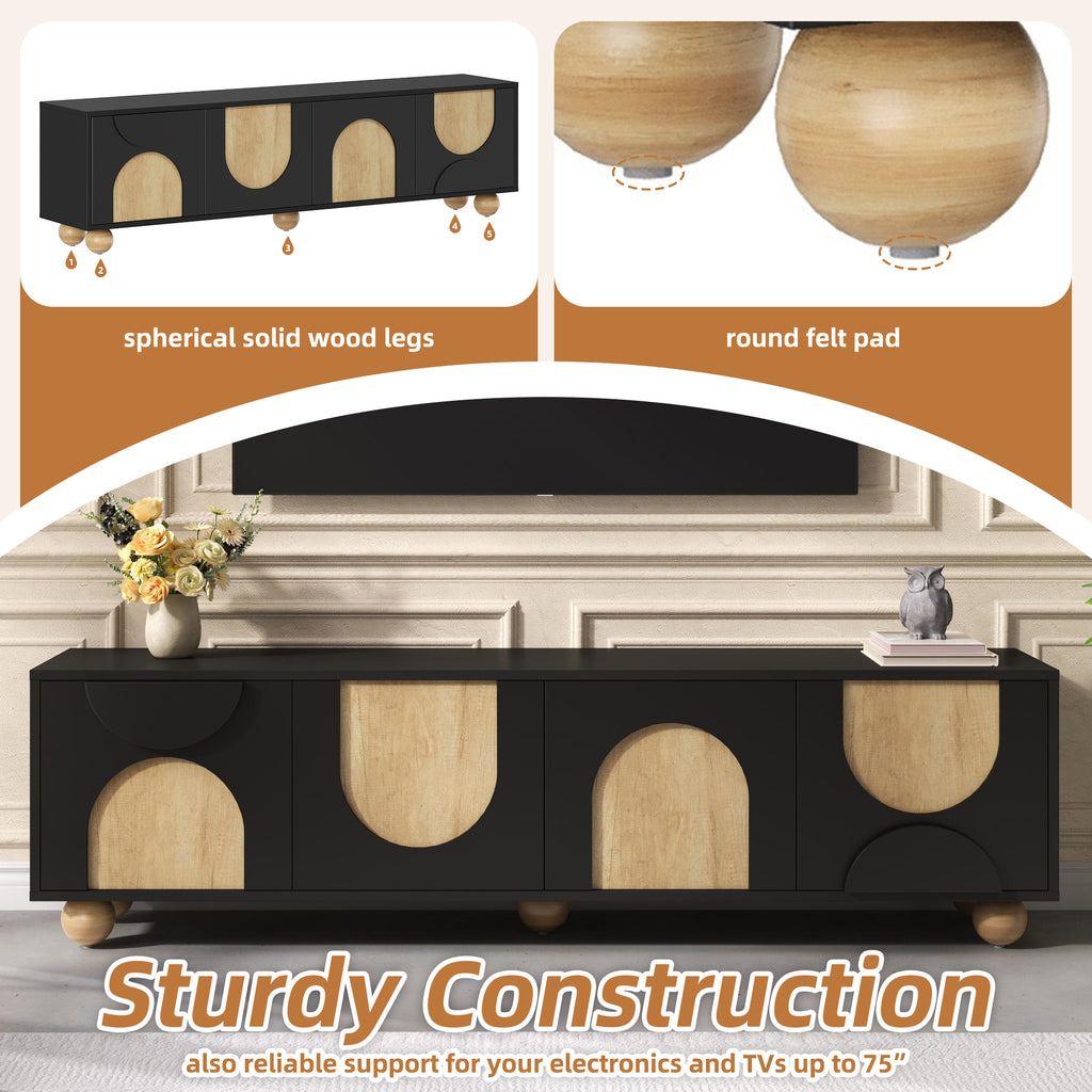 Farmhouse TV Stand with Cable Holes for TVs up to 75', Cream Style Media Console with Rebound Device, Elegant Entertainment Center with 5 Solid Wood Legs for Living Room, Bedroom, Black, 69.6'W