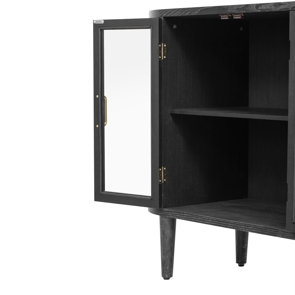 TREXM Farmhouse Sideboard Cabinet with Storage, Wood Buffet Cabinet with Glass Doors and Adjustable Shelves for Kitchen, Dining Room and Living Room (Black)