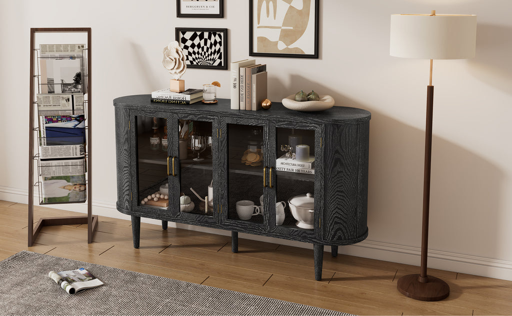 TREXM Farmhouse Sideboard Cabinet with Storage, Wood Buffet Cabinet with Glass Doors and Adjustable Shelves for Kitchen, Dining Room and Living Room (Black)