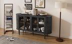 TREXM Farmhouse Sideboard Cabinet with Storage, Wood Buffet Cabinet with Glass Doors and Adjustable Shelves for Kitchen, Dining Room and Living Room (Black)