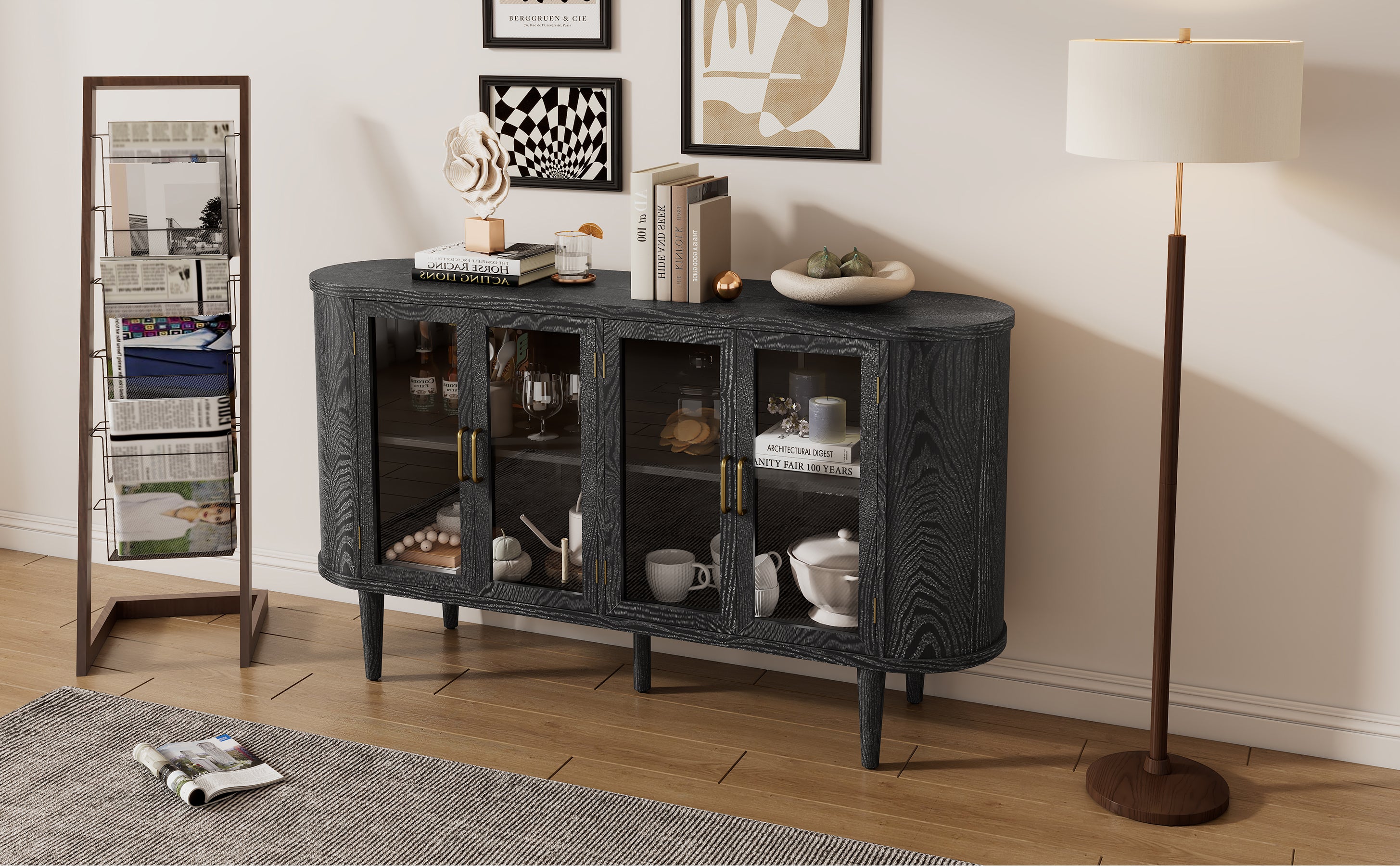 TREXM Farmhouse Sideboard Cabinet with Storage, Wood Buffet Cabinet with Glass Doors and Adjustable Shelves for Kitchen, Dining Room and Living Room (Black)