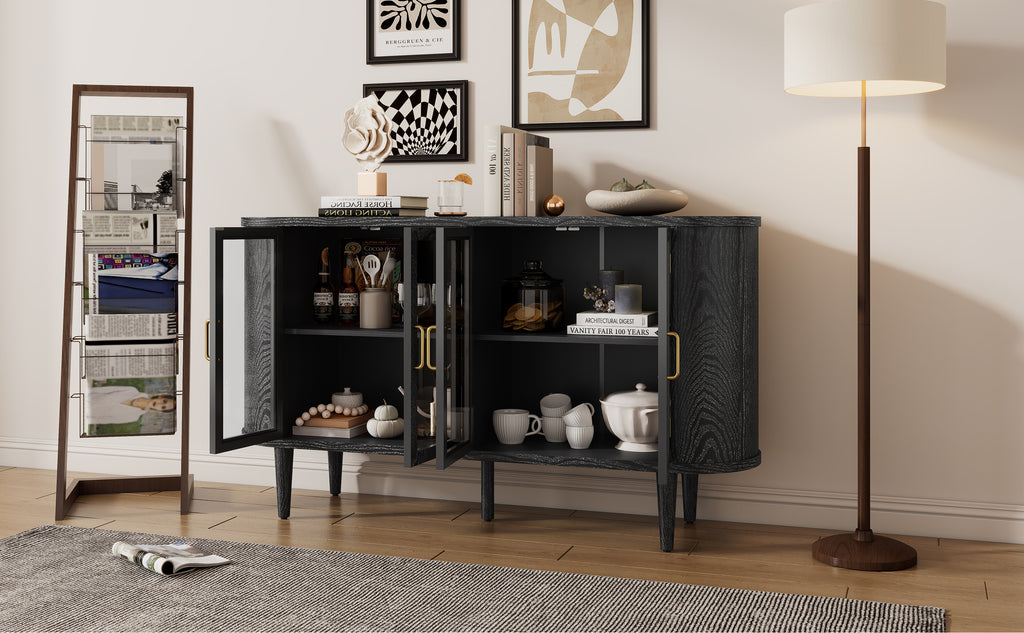 TREXM Farmhouse Sideboard Cabinet with Storage, Wood Buffet Cabinet with Glass Doors and Adjustable Shelves for Kitchen, Dining Room and Living Room (Black)