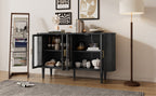 TREXM Farmhouse Sideboard Cabinet with Storage, Wood Buffet Cabinet with Glass Doors and Adjustable Shelves for Kitchen, Dining Room and Living Room (Black)