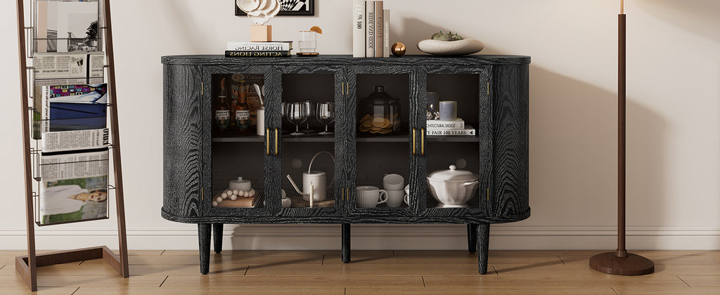 TREXM Farmhouse Sideboard Cabinet with Storage, Wood Buffet Cabinet with Glass Doors and Adjustable Shelves for Kitchen, Dining Room and Living Room (Black)