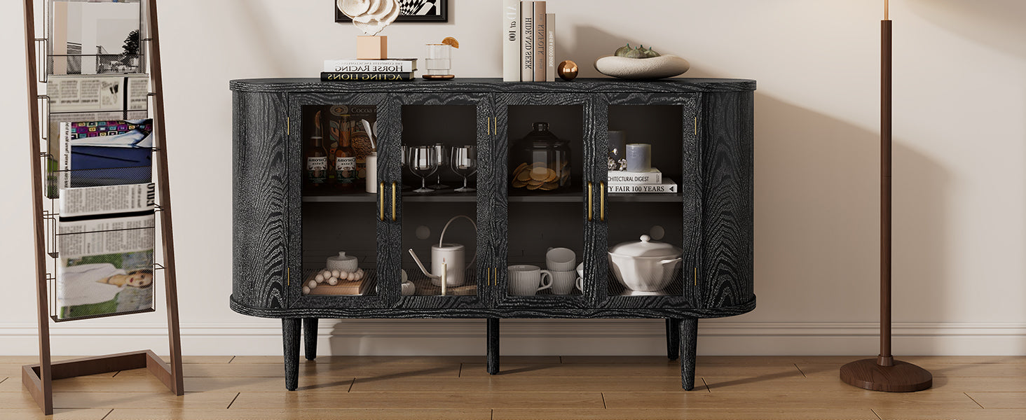 TREXM Farmhouse Sideboard Cabinet with Storage, Wood Buffet Cabinet with Glass Doors and Adjustable Shelves for Kitchen, Dining Room and Living Room (Black)