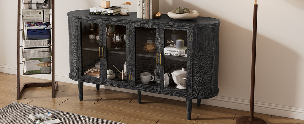 TREXM Farmhouse Sideboard Cabinet with Storage, Wood Buffet Cabinet with Glass Doors and Adjustable Shelves for Kitchen, Dining Room and Living Room (Black)